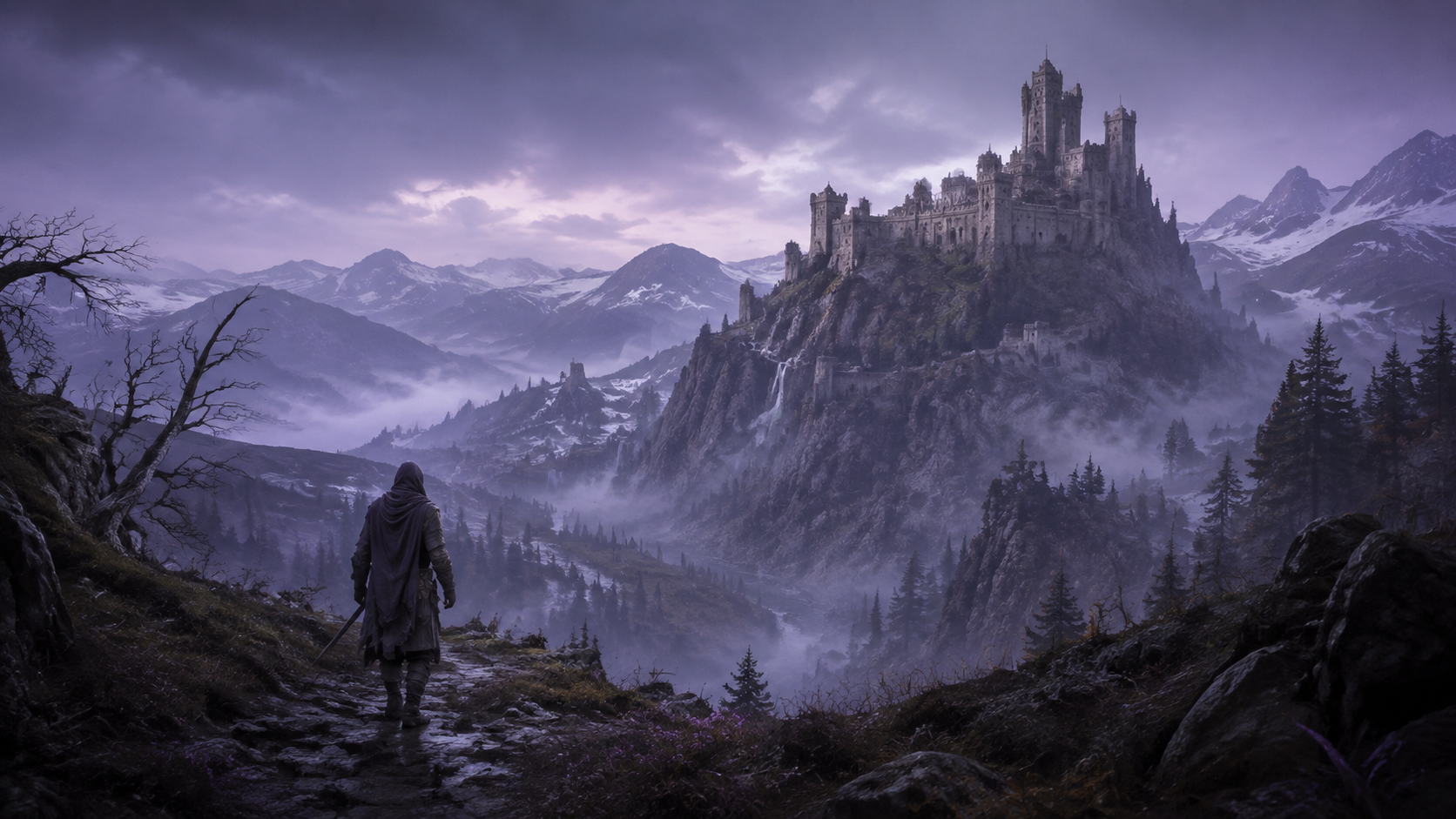 A traveler overlooking a mountain citadel in an illustrative game scene